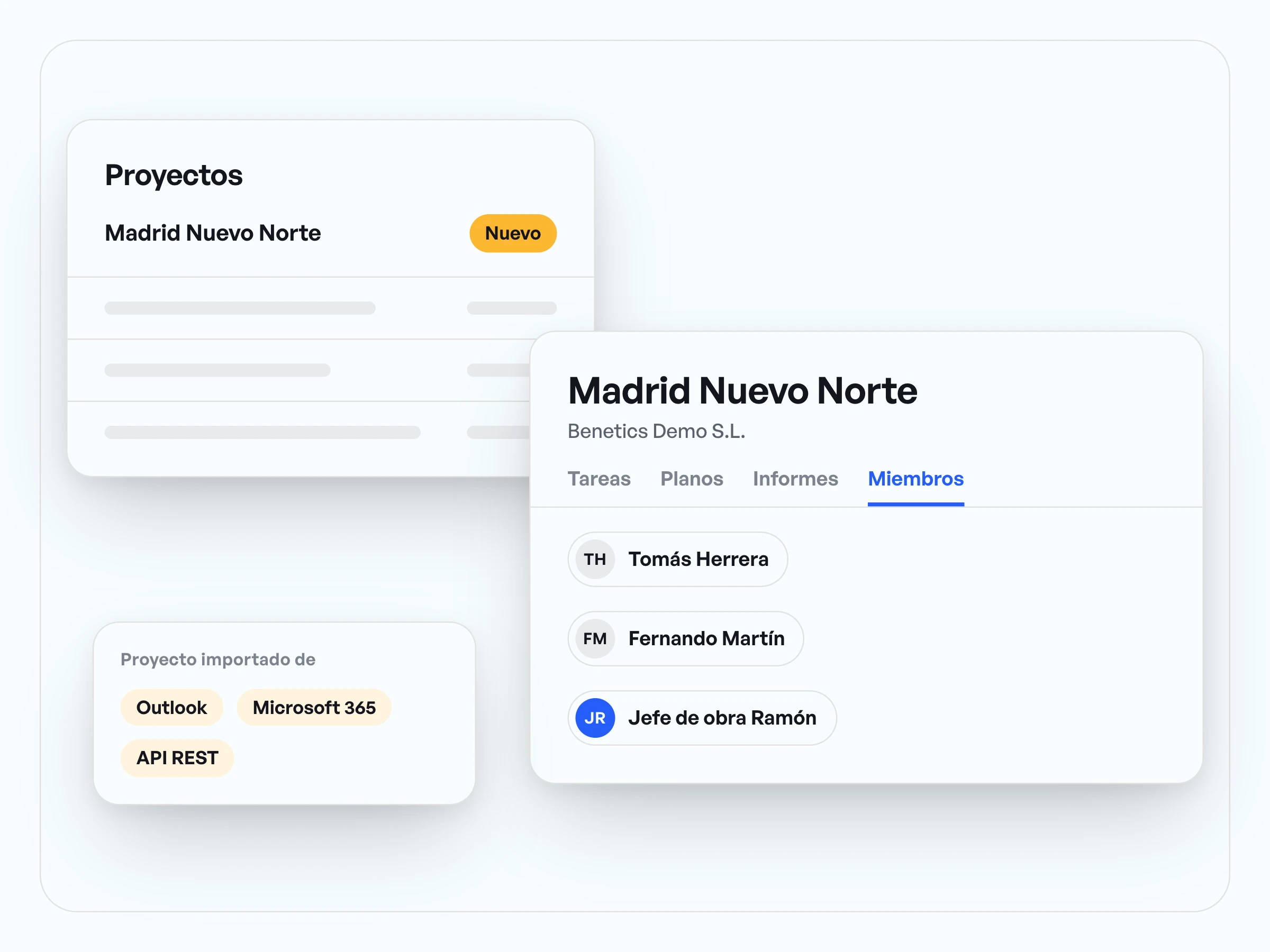 Nuevo proyecto Madrid Nuevo Norte en la lista de proyectos, con la dirección y los miembros debajo, conectado con Outlook, Microsoft 365 y la API REST