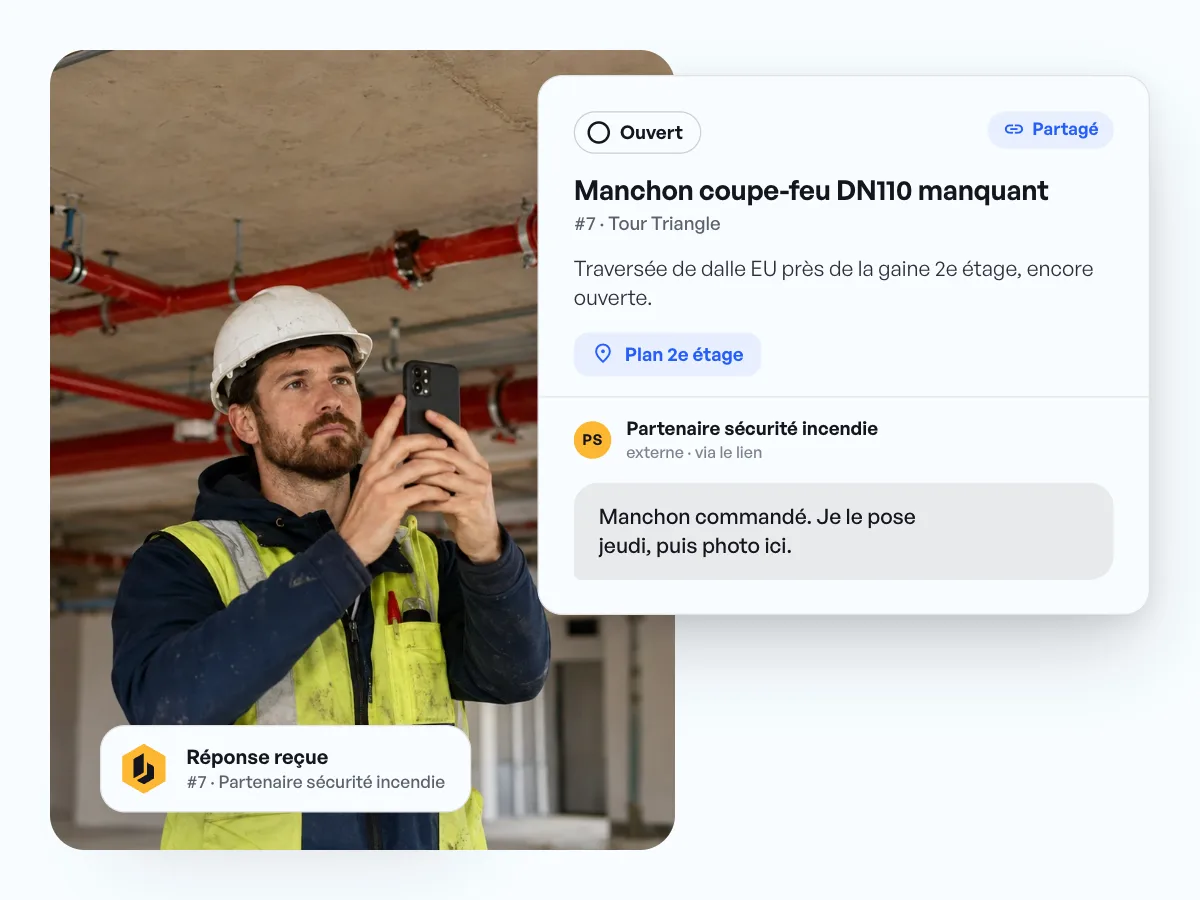Tâche partagée sur le manchon coupe-feu DN110 manquant, avec la réponse du partenaire externe en sécurité incendie.