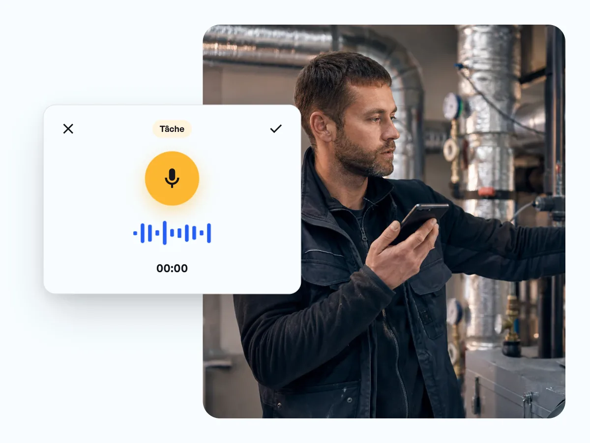 Enregistrement vocal sur la gaine de ventilation du 2e étage, puis la tâche ouverte apparaît dans la Benetics AI App pour François Moreau, avec emplacement sur le plan et check-list.