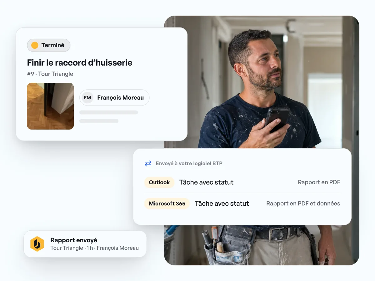 Tâche terminée avec photo dans le projet Tour Triangle, connectée à Outlook et à Microsoft 365 via Zapier, avec un rapport envoyé.