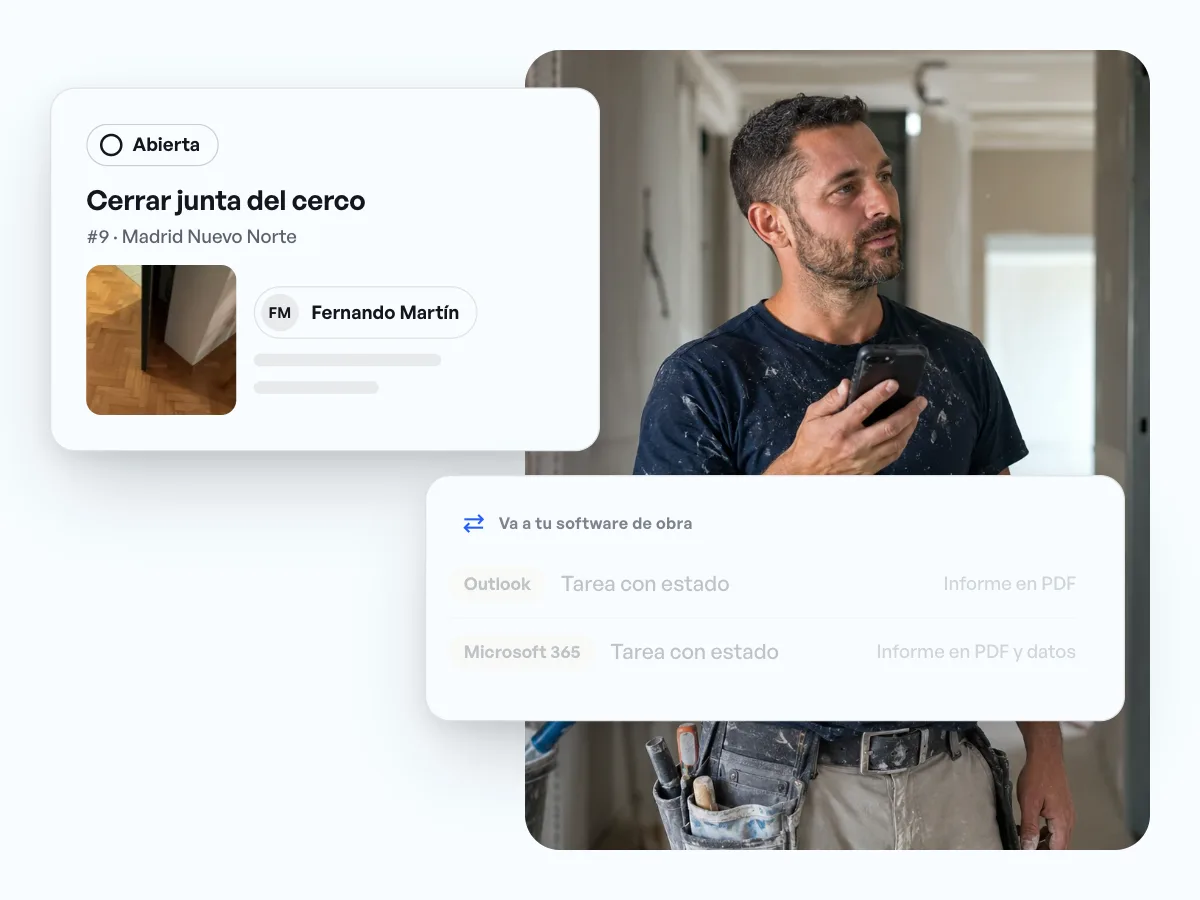Tarea completada con foto en el proyecto Madrid Nuevo Norte, conectada con Outlook y Microsoft 365 vía Zapier, junto con un informe enviado