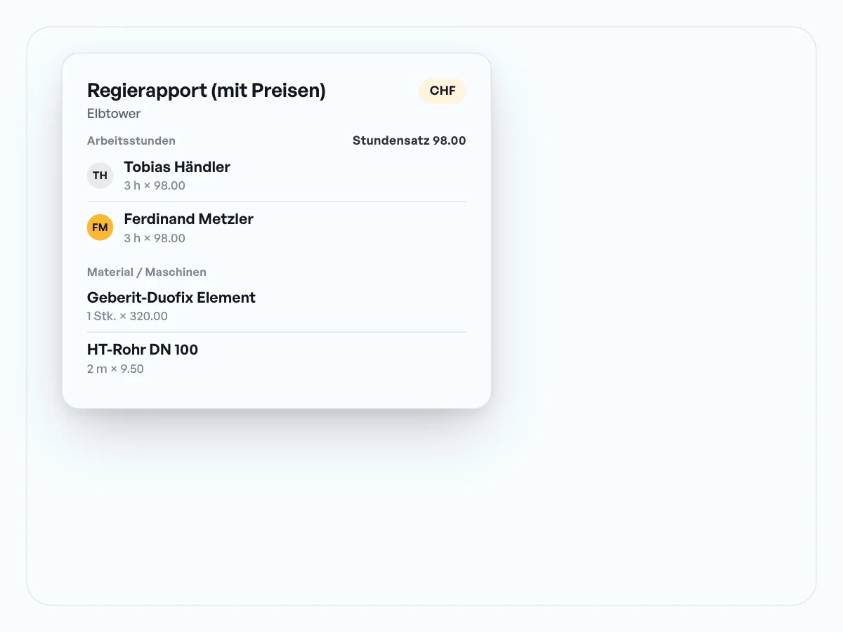 Vorlage Regierapport mit Preisen: Stunden mal Stundensatz plus Material bis zum Gesamttotal