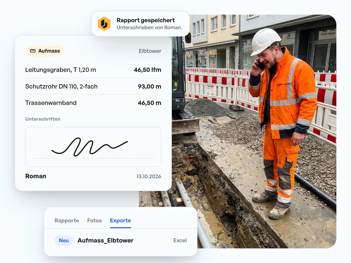 Aufmaß Leitungsgraben vor Ort unterschrieben und als Excel ans Büro
