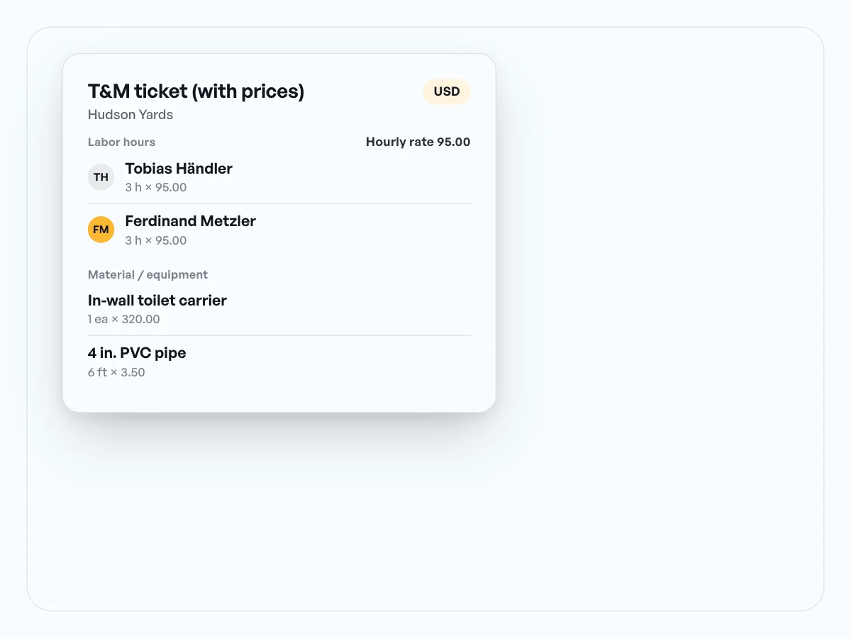 T&M ticket template with prices: hours times rate, plus material