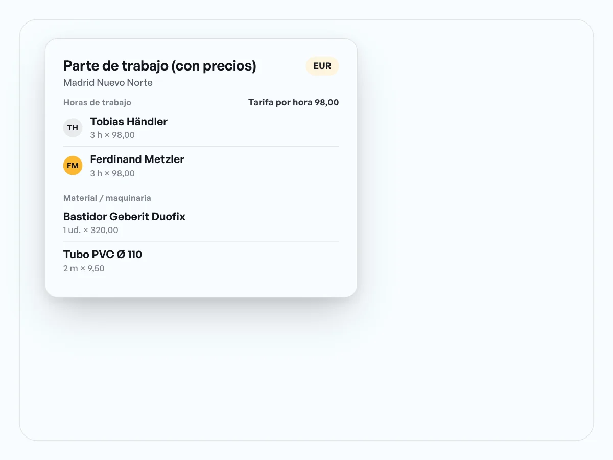 Plantilla de parte de trabajo con precios: horas por tarifa, más material