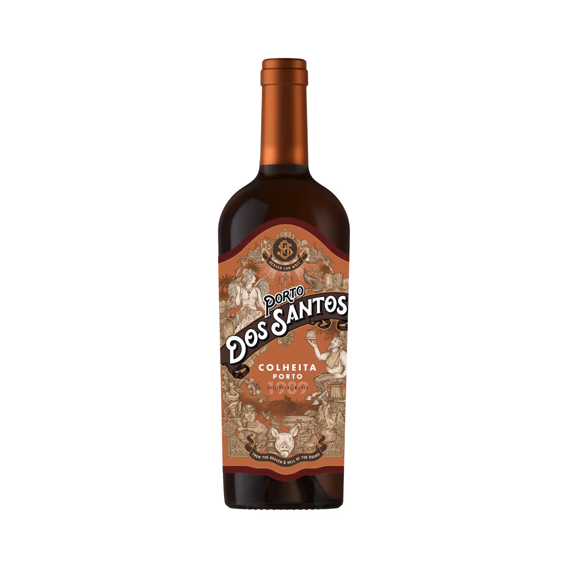 Bottle of Porto Dos Santos Colheita Porto chestnut cask aged wine with detailed vintage illustrations on the label.