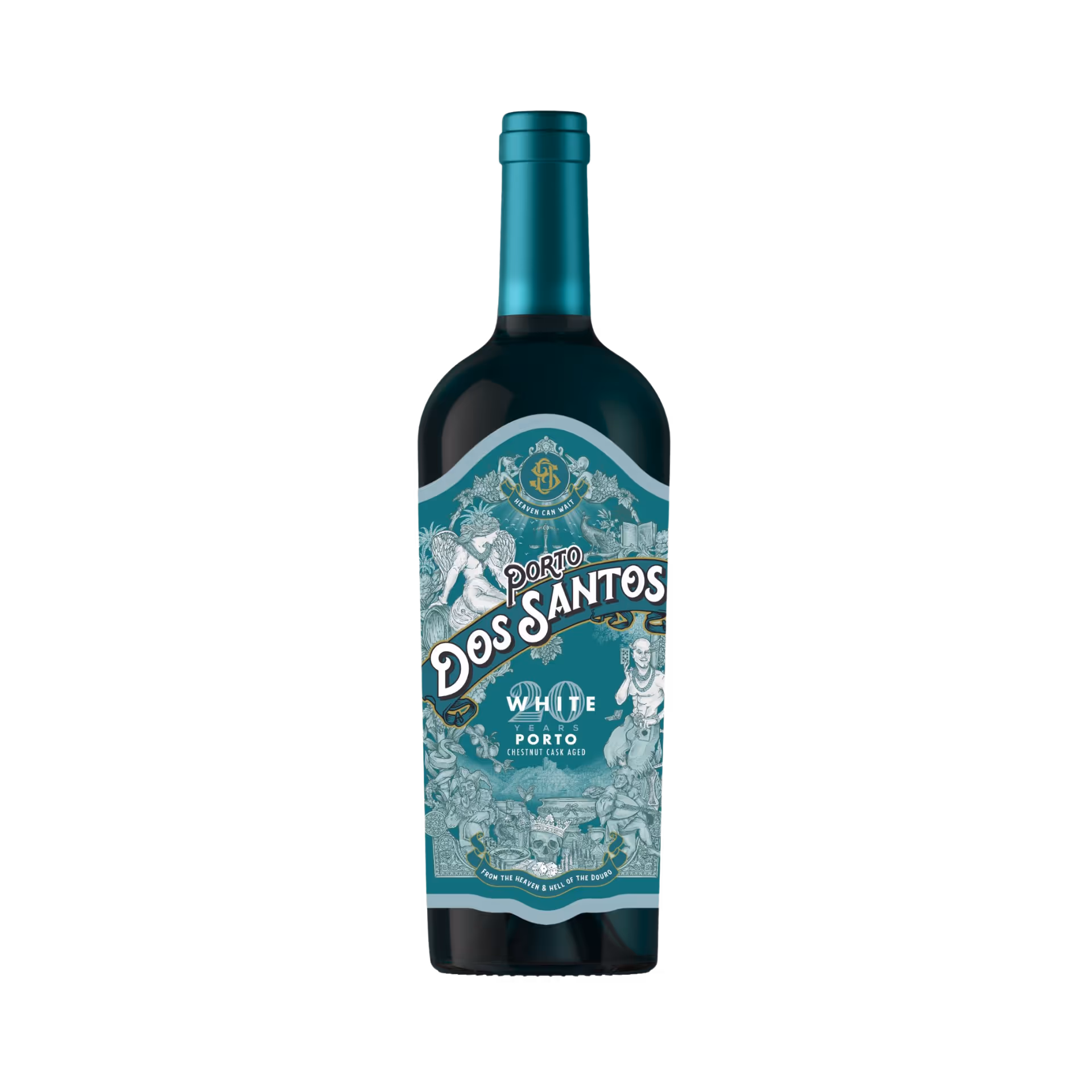 A bottle of Porto Dos Santos white port wine with a glass of amber liquid, coffee beans, cinnamon sticks, orange peel, and star anise on a wooden table.