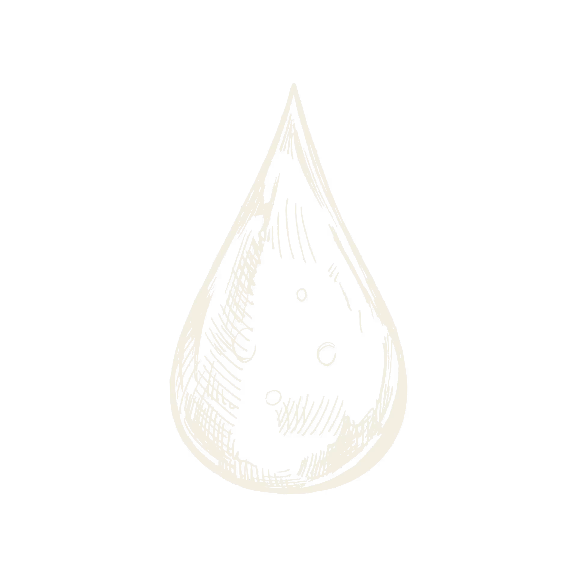 Hand-drawn sketch of a single water droplet with shading and texture details on a black background.