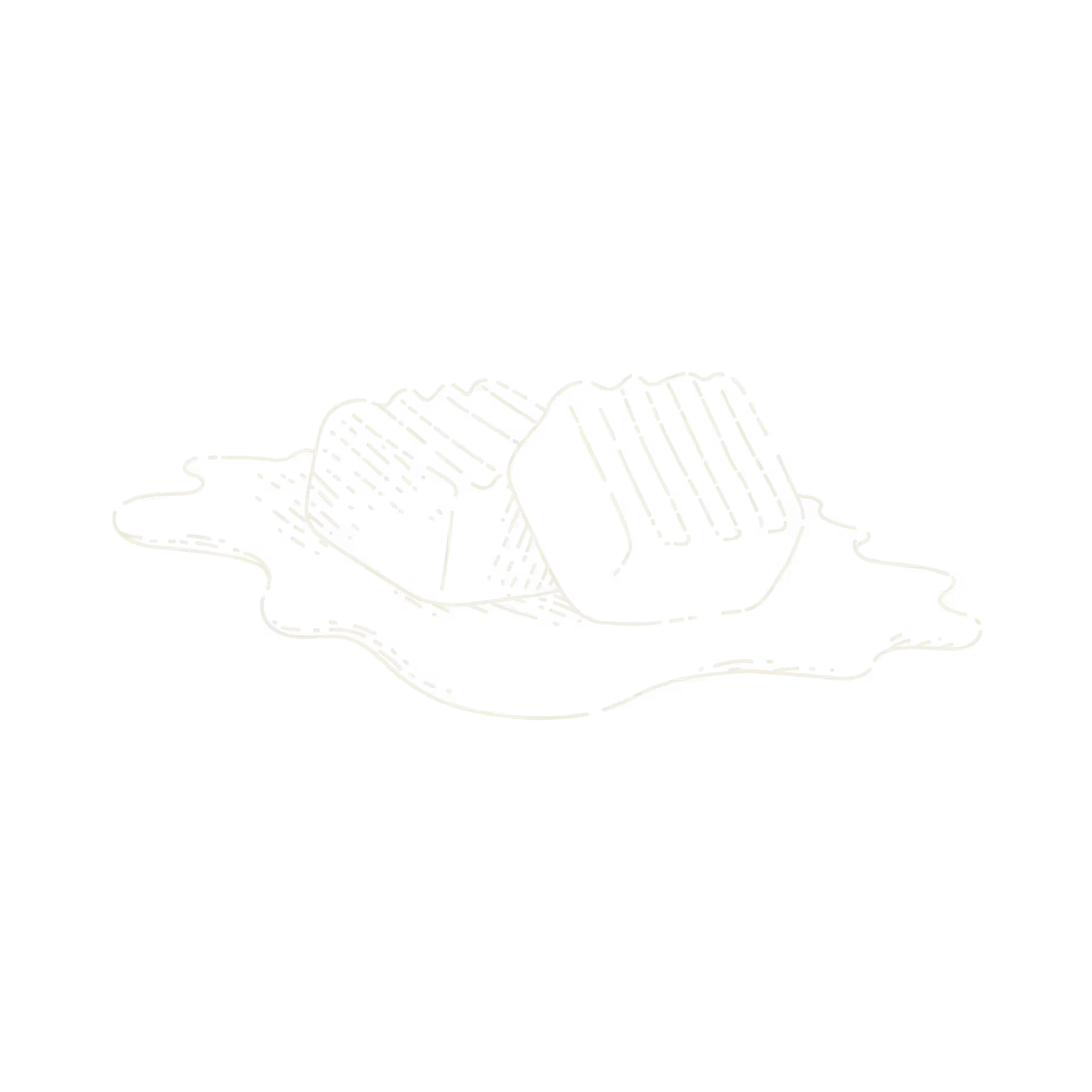 Black and white sketch of two caramel cubes resting on a puddle of melted caramel.