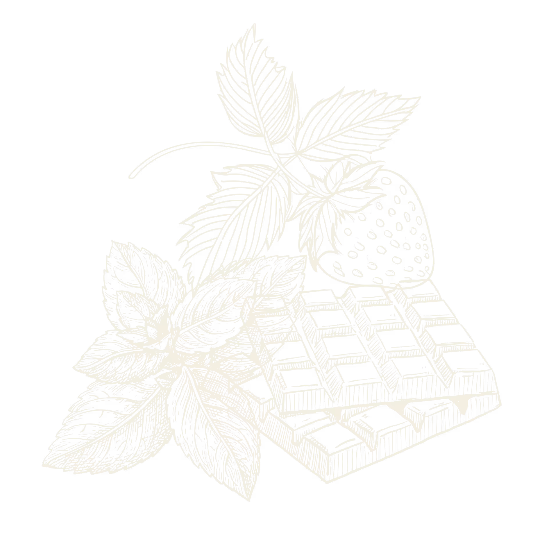 Illustration of a strawberry and mint leaves next to a broken chocolate bar.