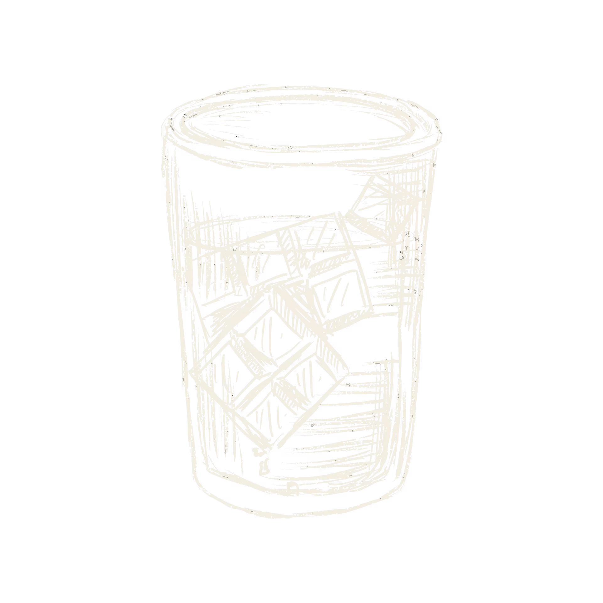 Sketch of a transparent glass filled with water and ice cubes on a black background.