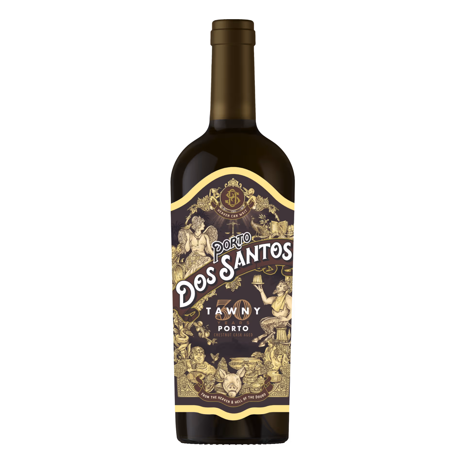 Bottle of Dos Santos Porto Tawny 30 Years chestnut cask aged wine with intricate gold illustrations on black label.
