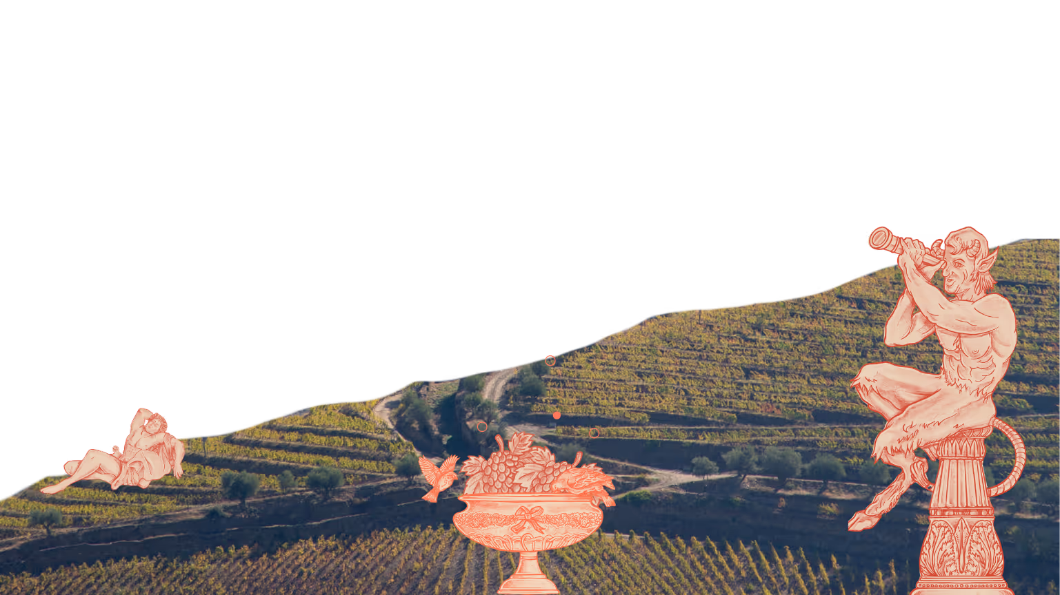 Terraced vineyard landscape with illustrated satyr playing a flute on a pedestal, reclining figure, and a bowl of fruit with a hovering bird.