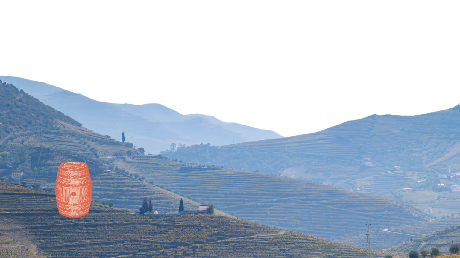 Terraced vineyard landscape with hills under a misty sky and a small stylized red barrel icon overlay.