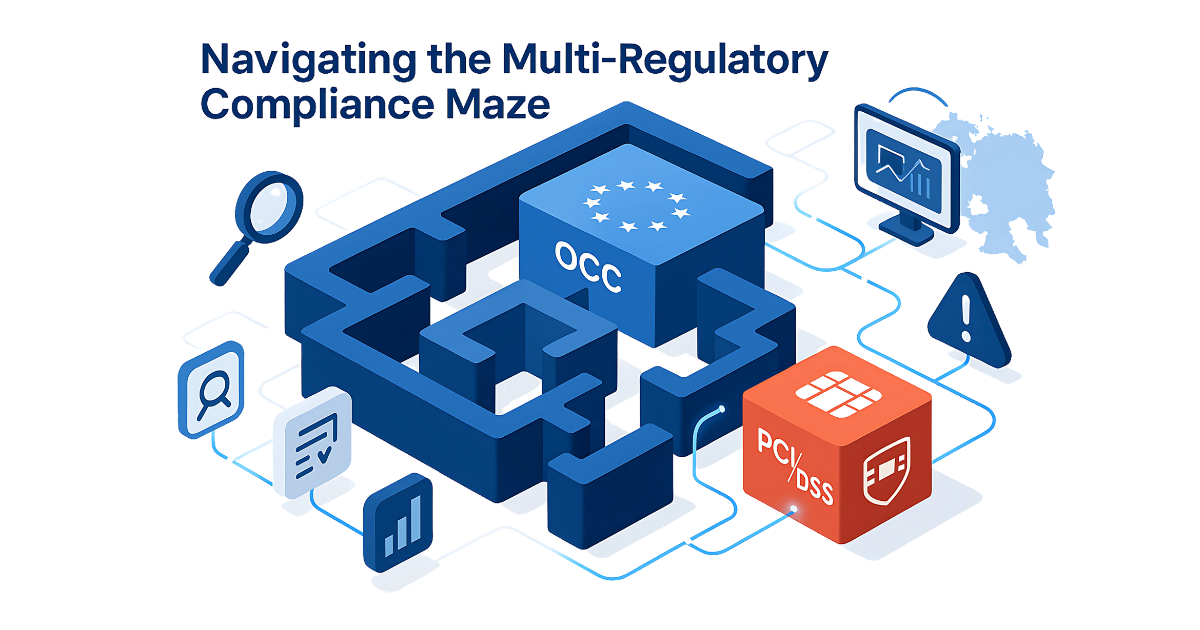 Isometric illustration showing a compliance maze with OCC, DORA, and PCI DSS regulatory pillars, representing third-party risk management and cross-jurisdictional vendor oversight in financial services.