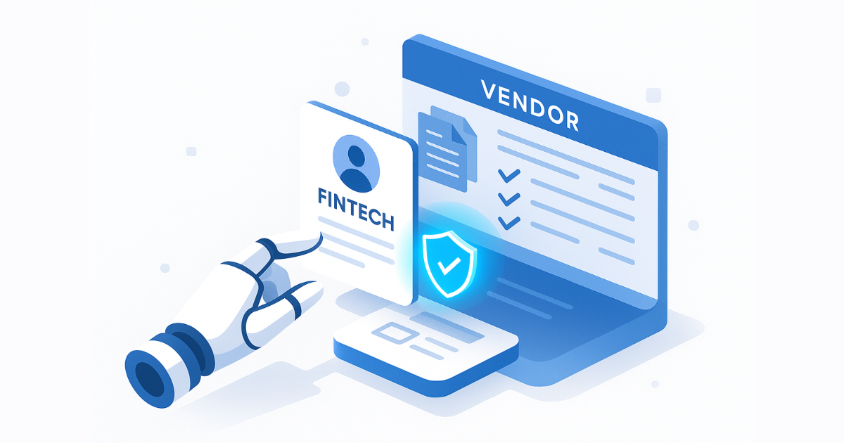 This modern 2D isometric illustration shows a robotic hand interacting with a digital fintech vendor profile. A glowing blue shield icon signifies security validation, while the dashboard in the background features checklist elements. The image represents the automation of fintech vendor onboarding processes and pre-screening in TPRM systems—ideal for content on compliance, onboarding workflows, and risk automation in financial services.