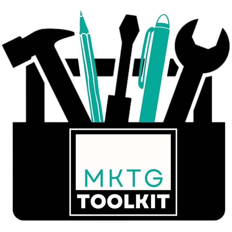 Marketing Toolkit brand icon. Toolkit with the brand logo on it with tools sticking out of the top including a hammer, screwdriver, wrench, Pen and a pencil