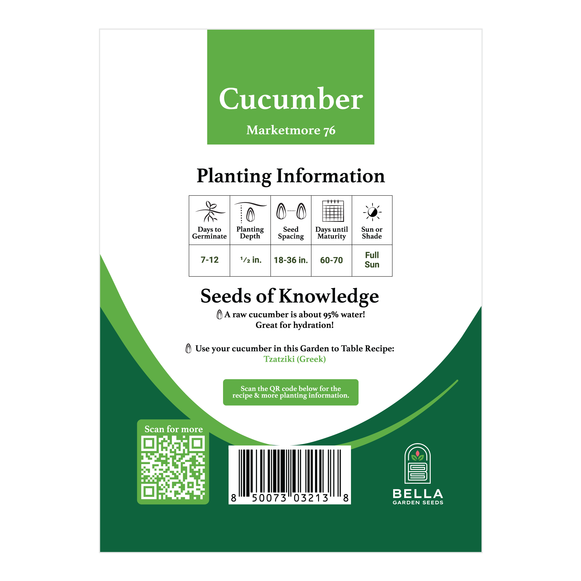 Marketmore 76 Cucumber packet back, planting depth, spacing, and grow tips