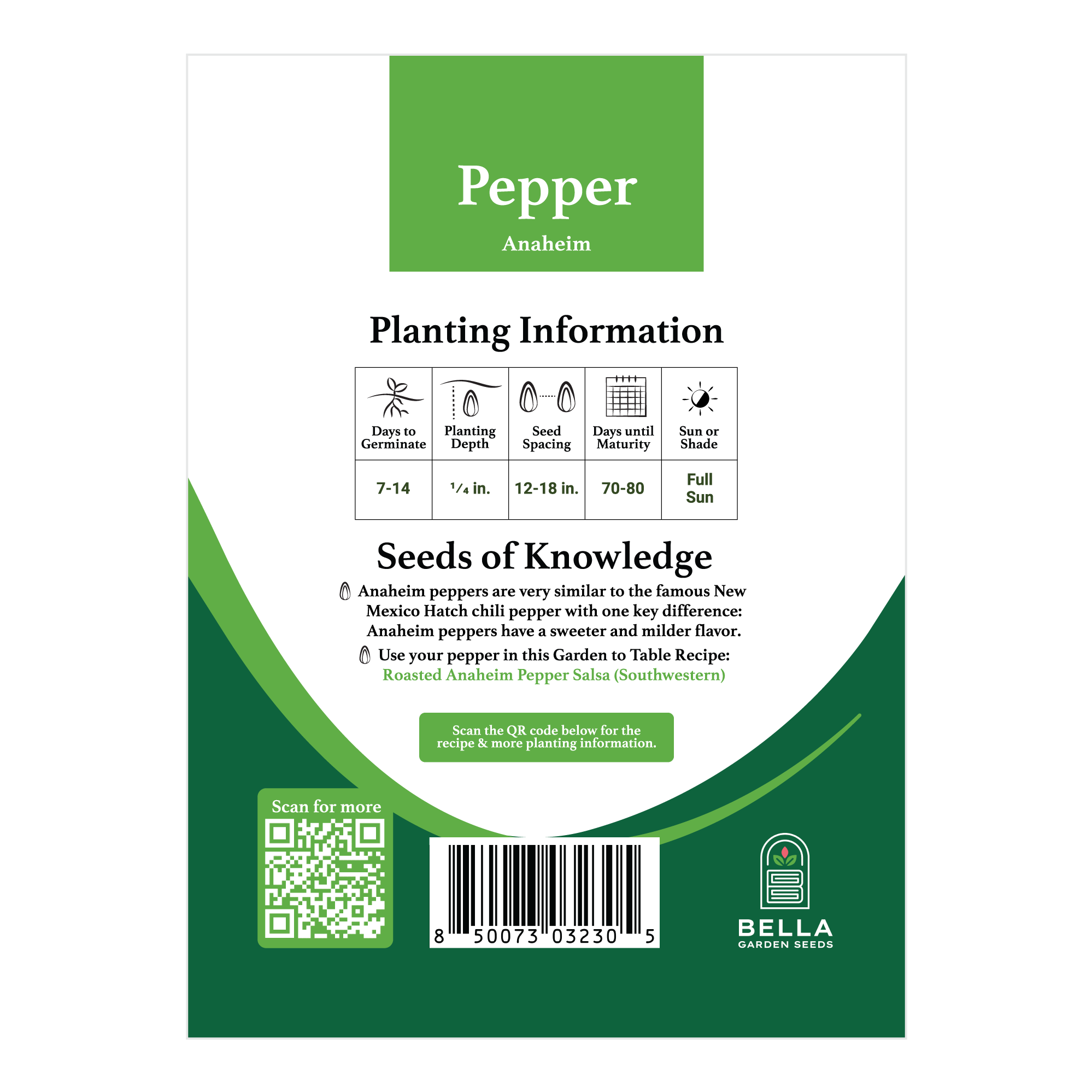 Anaheim Pepper packet back, planting depth, spacing, and grow tips