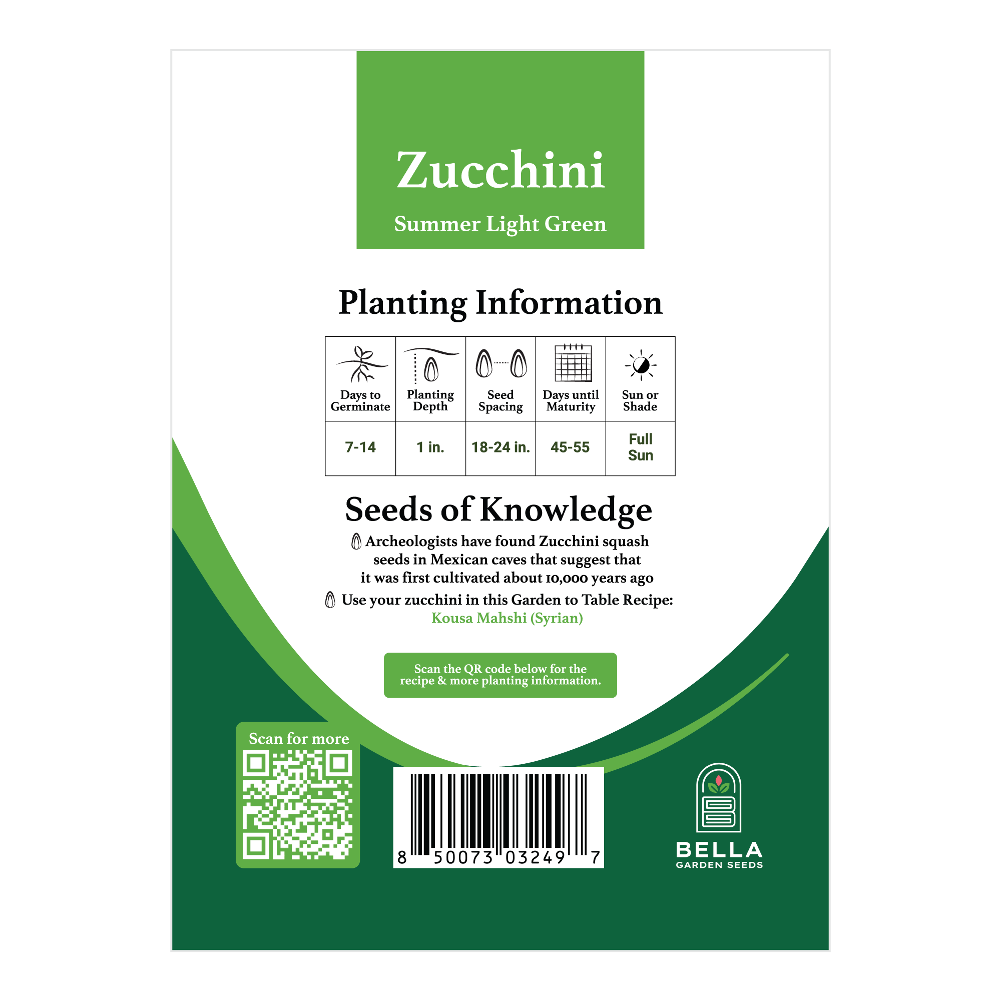 Summer Light Green Zucchini packet back, planting depth, spacing, and grow tips