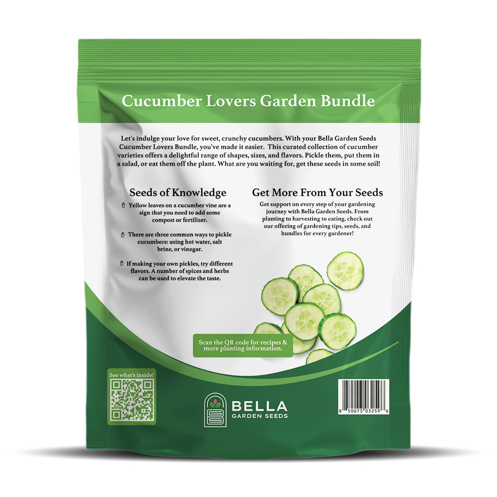 Cucumber Lovers Bundle packet back, full list of included varieties and growing guide