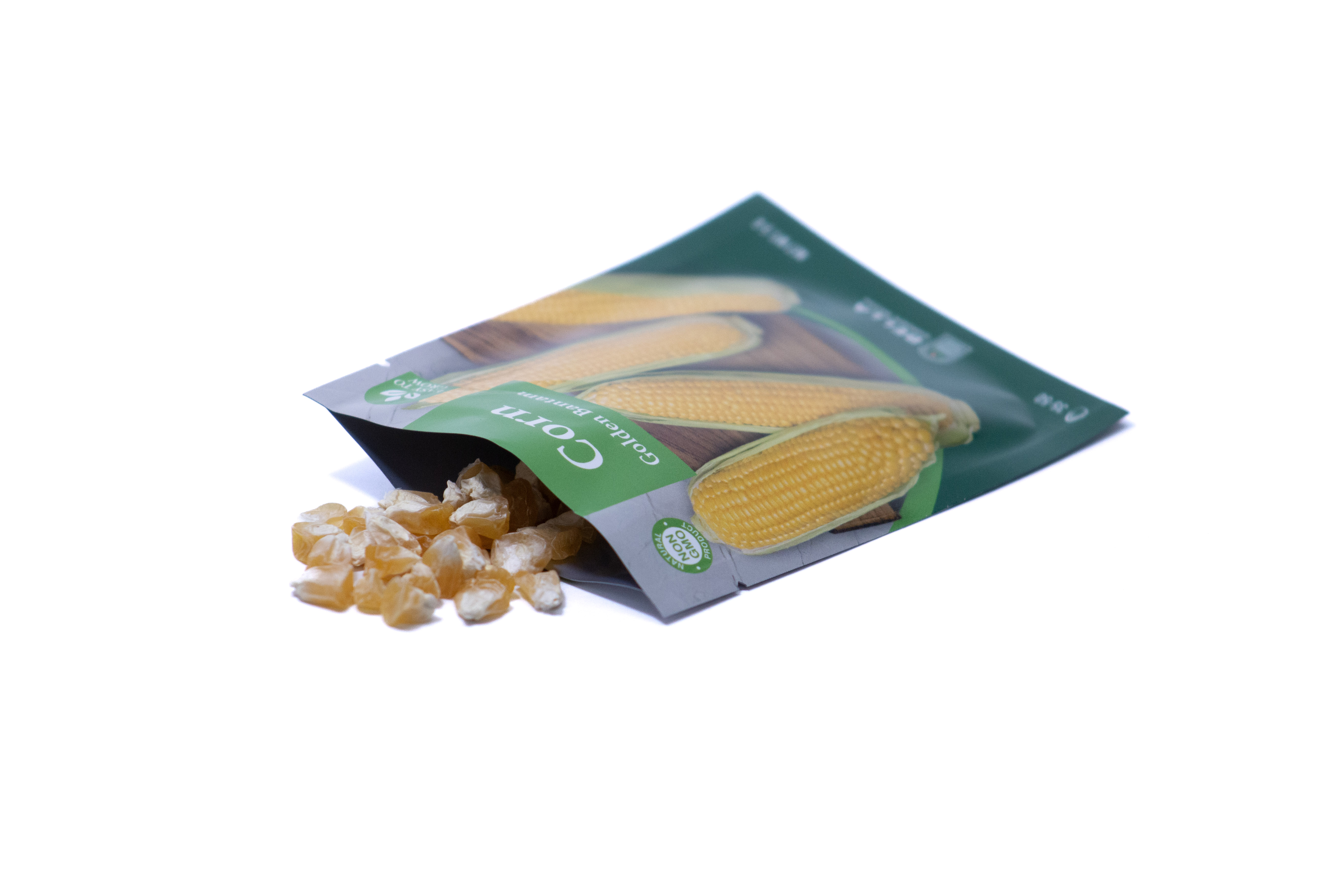 Golden Bantam Corn packet back, planting depth, spacing, and grow tips