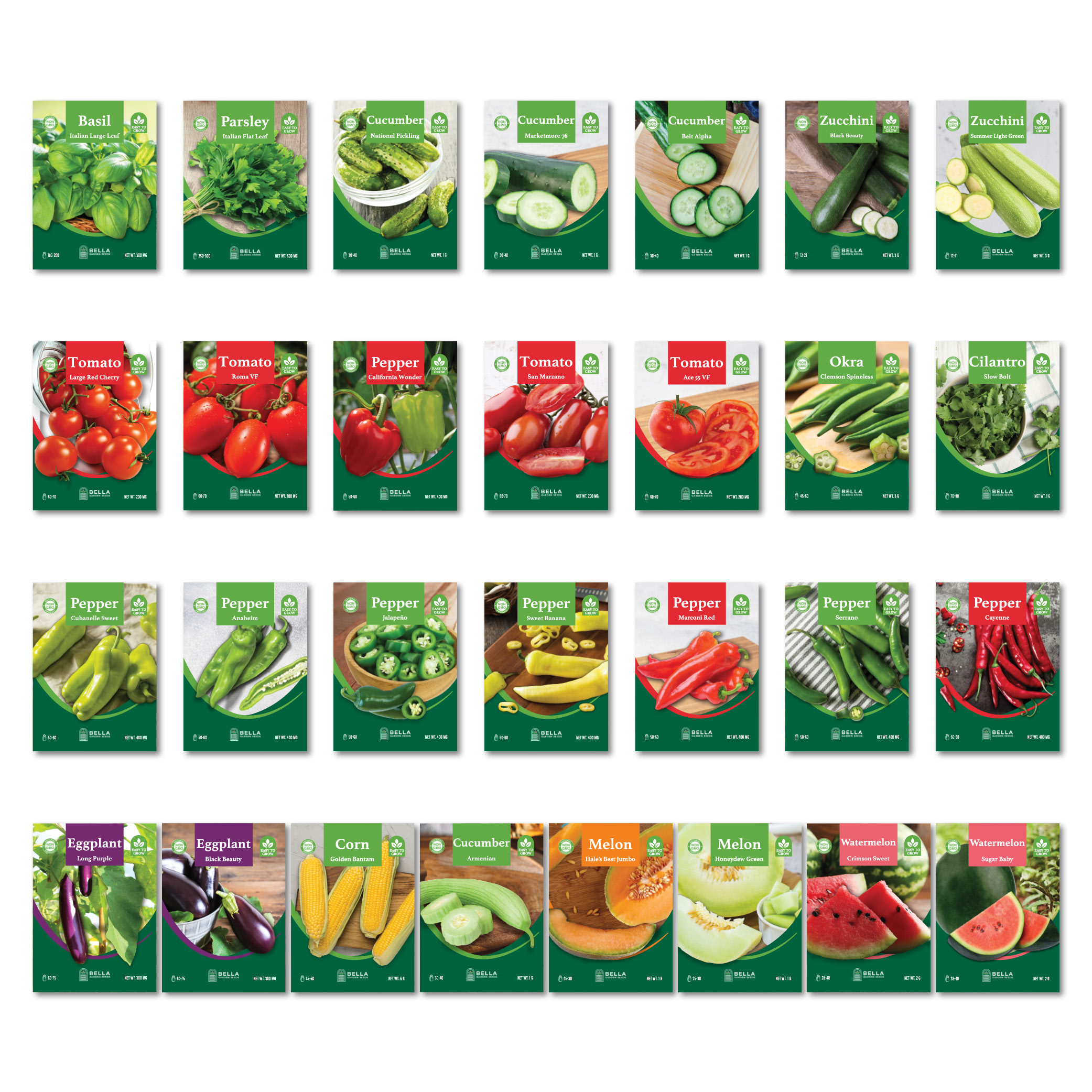 Hot Weather Seed Bundle contents, included seed packets and varieties pictured together