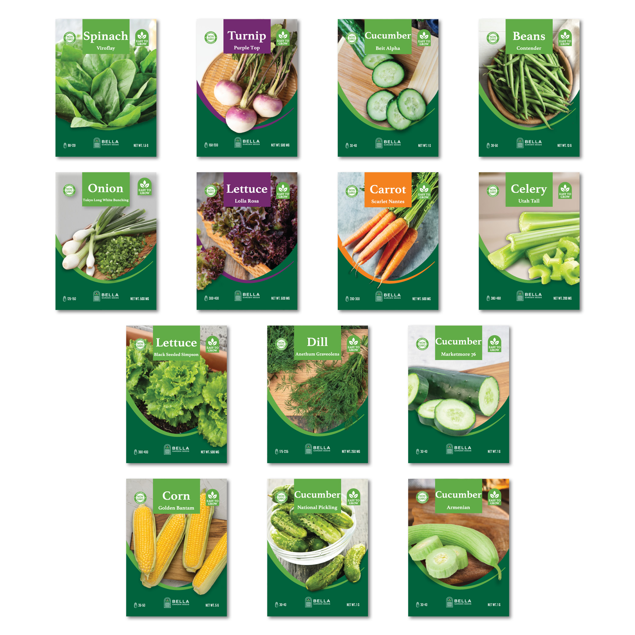 Cucumber Lovers Bundle contents, included seed packets and varieties pictured together