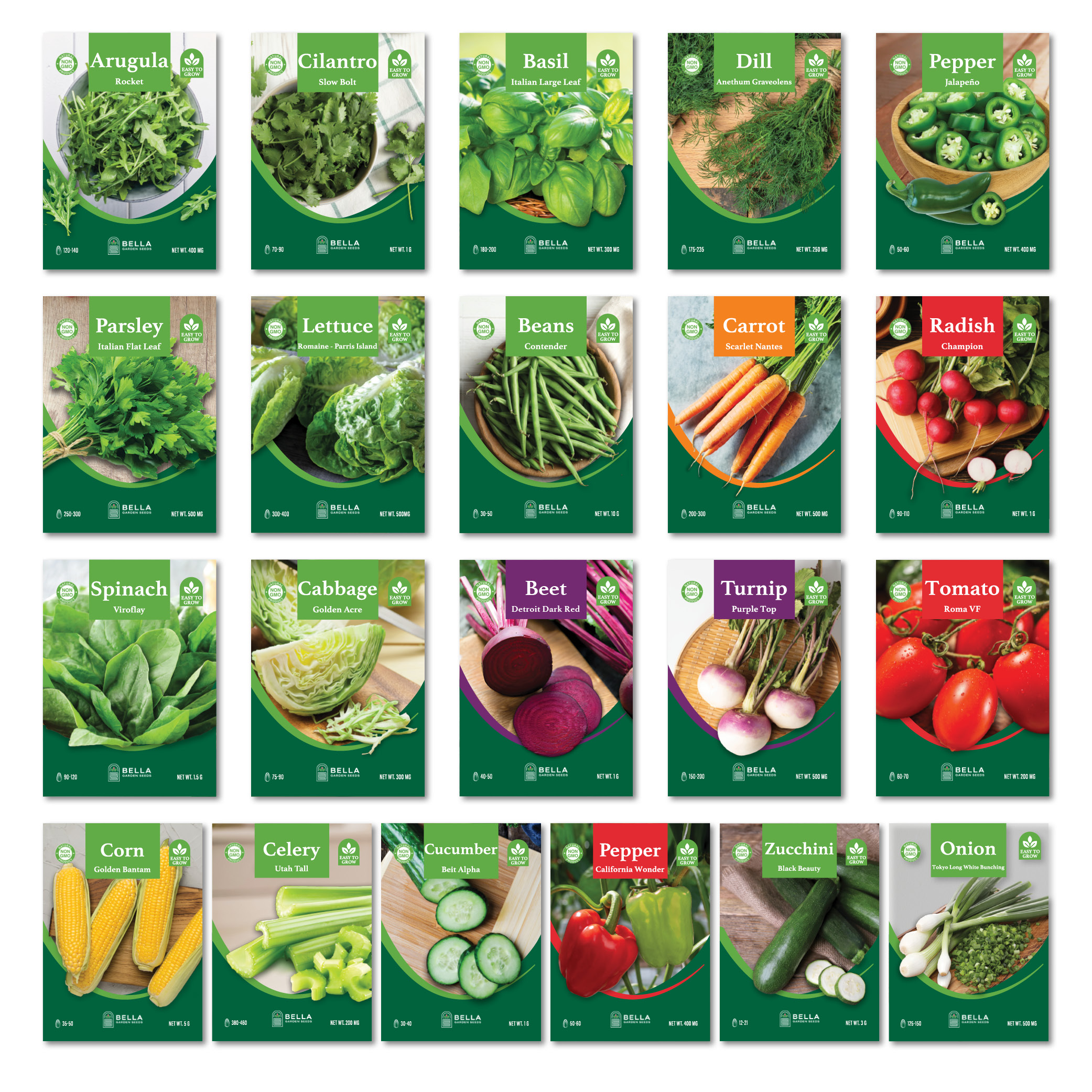 Companion Plant Bundle contents, included seed packets and varieties pictured together