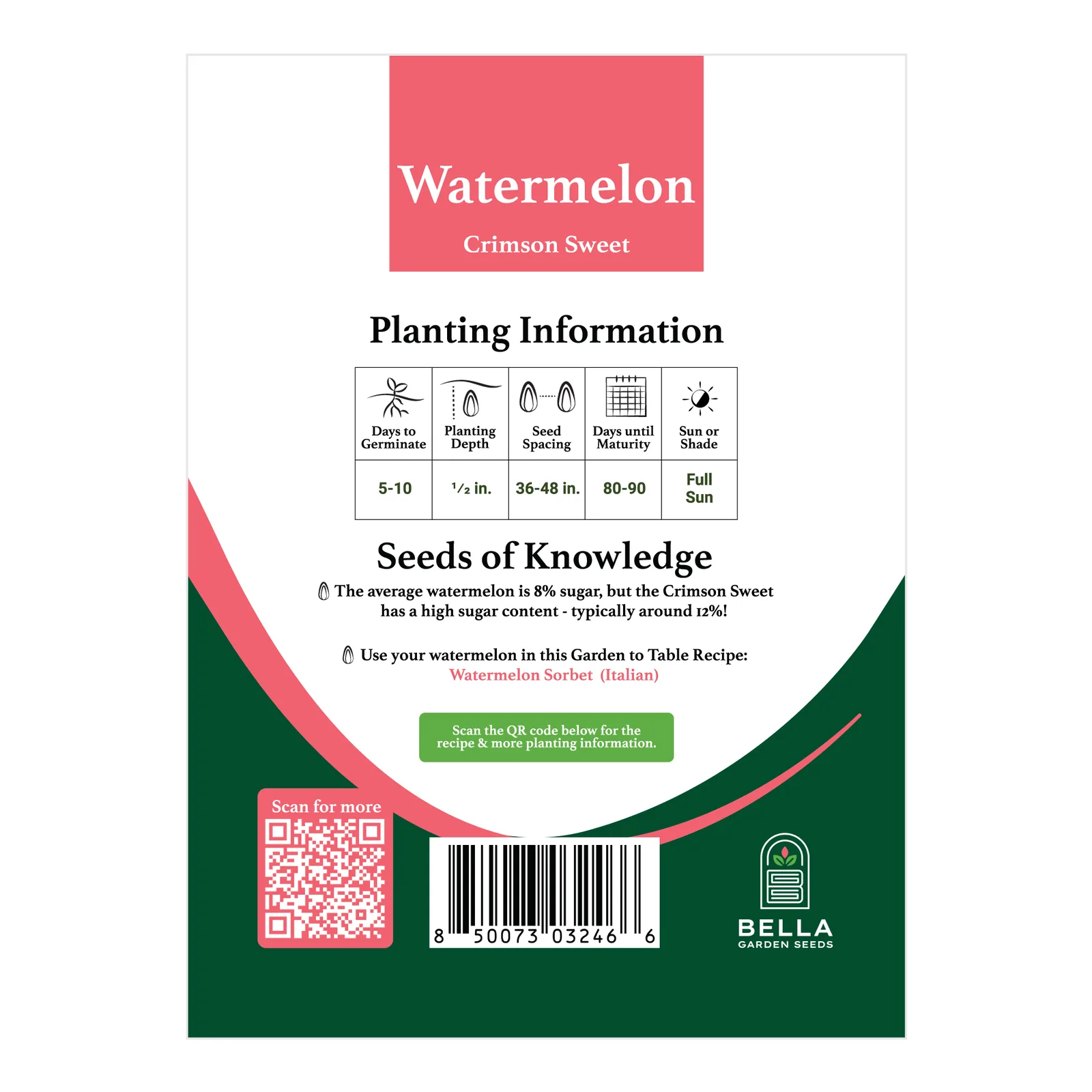 Crimson Sweet Watermelon packet back, planting depth, spacing, and grow tips