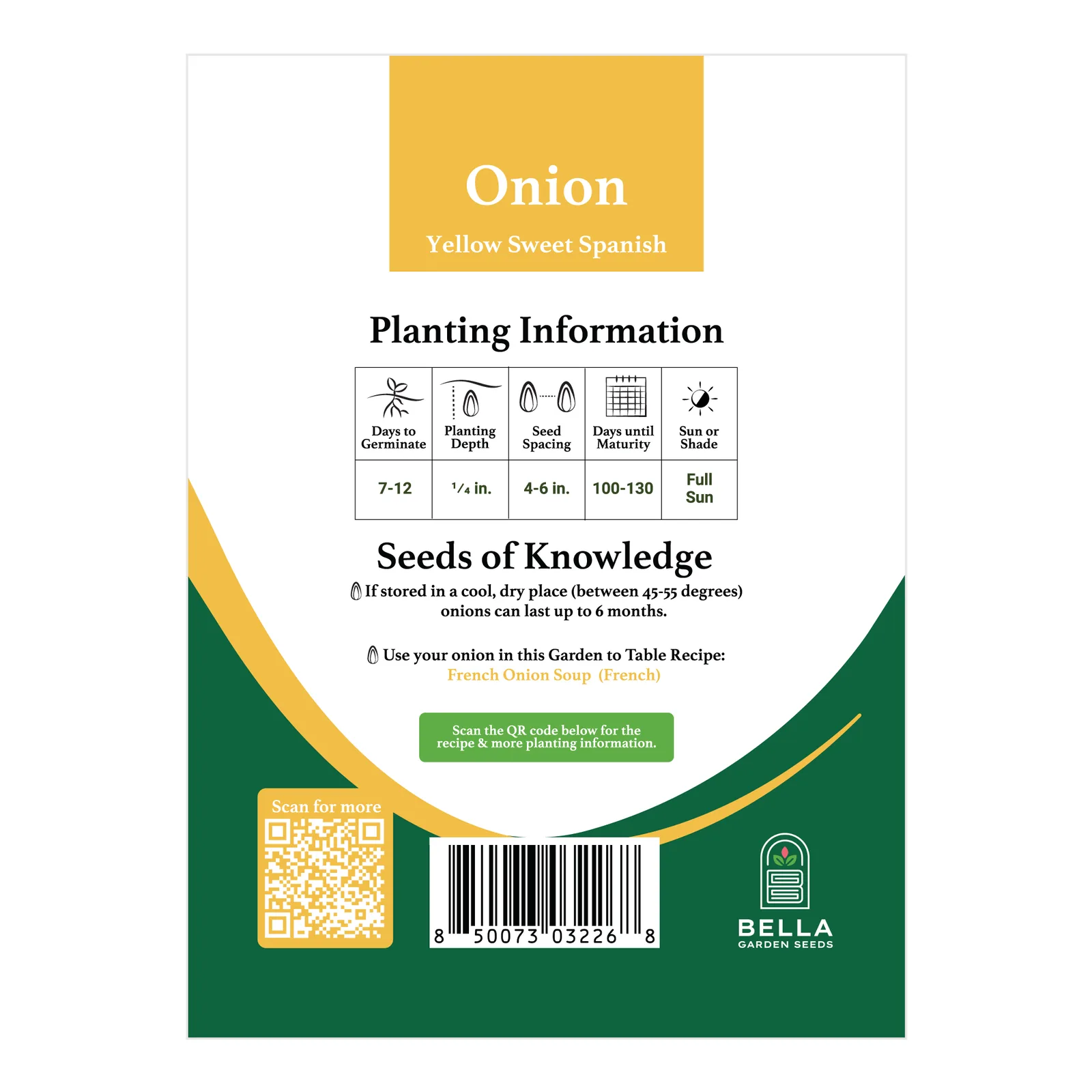 Spanish Yellow Onion packet back, planting depth, spacing, and grow tips