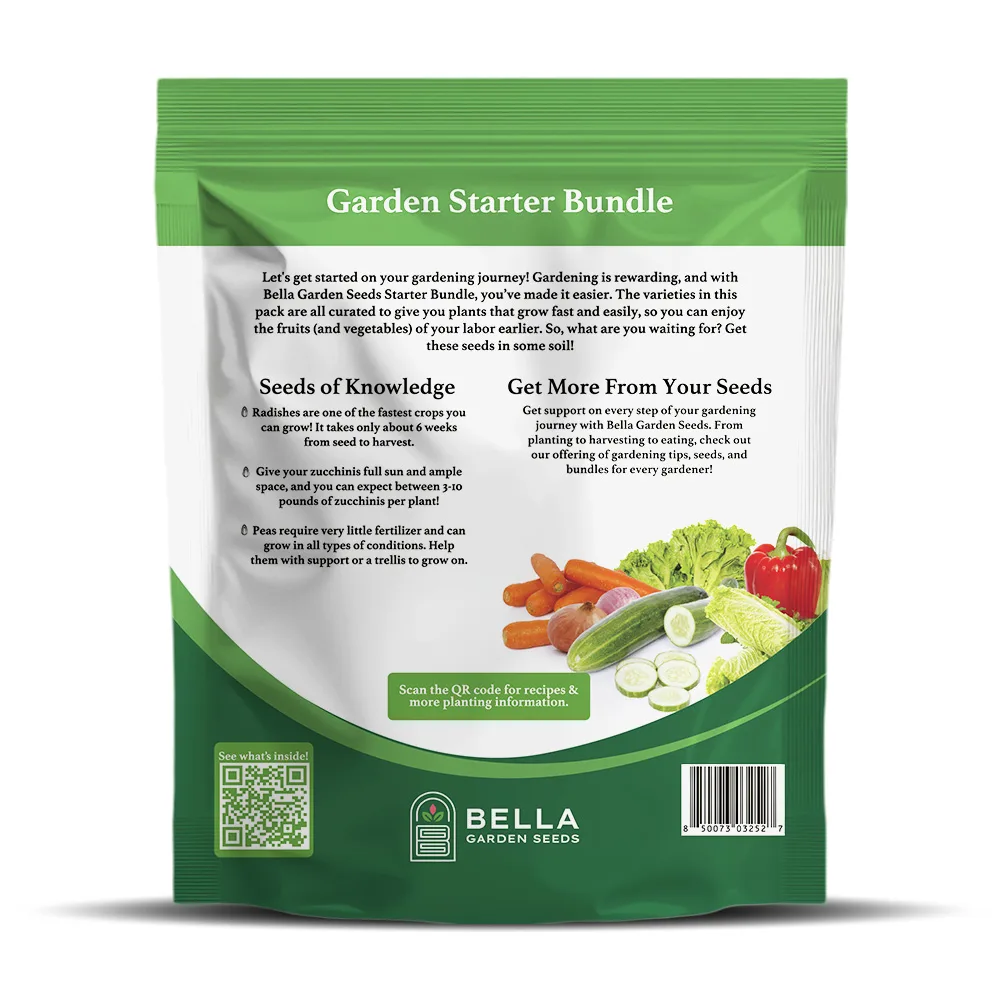 Gardener Starter Bundle packet back, full list of included varieties and growing guide