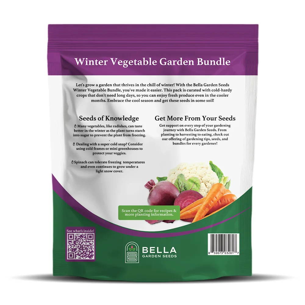 Winter Garden Bundle packet back, full list of included varieties and growing guide