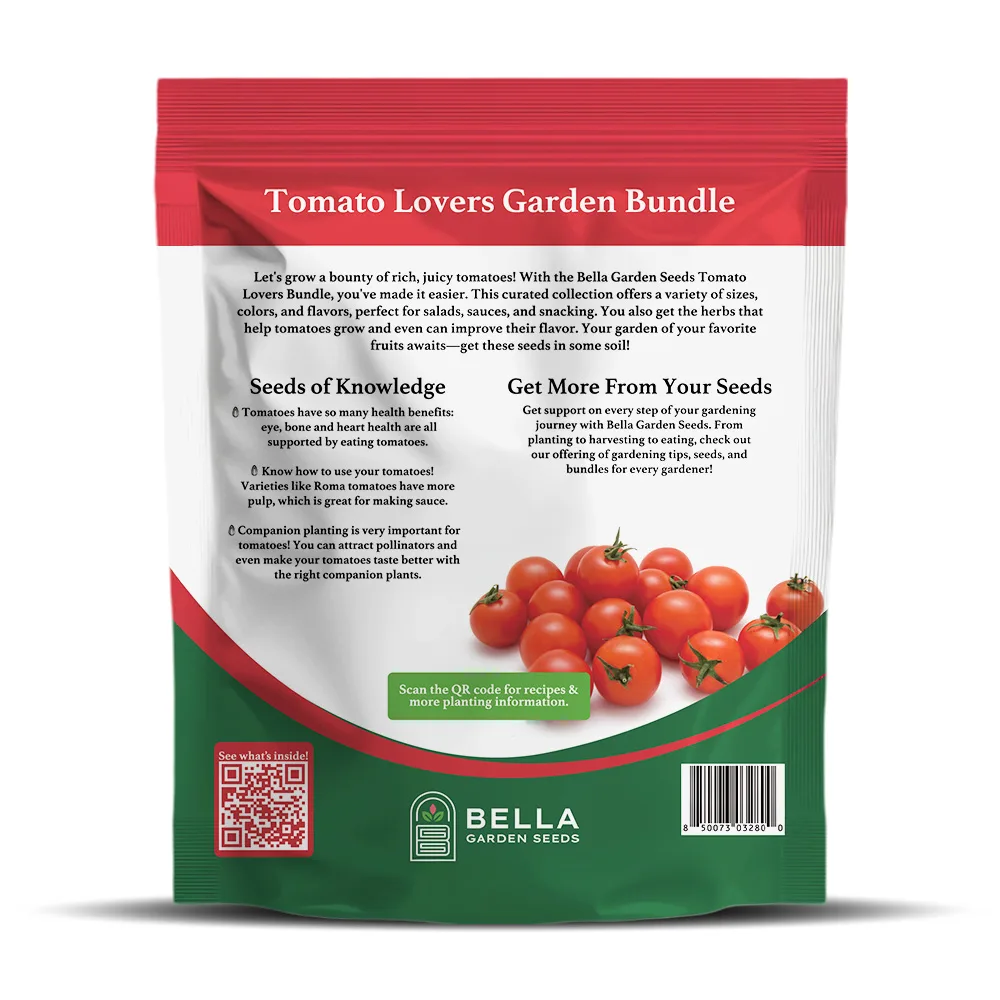 Tomato Lovers Bundle packet back, full list of included varieties and growing guide
