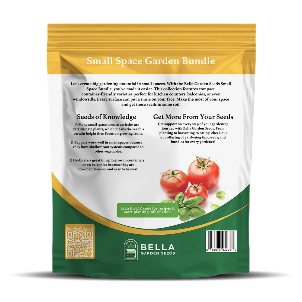 Small Space Bundle packet back, full list of included varieties and growing guide
