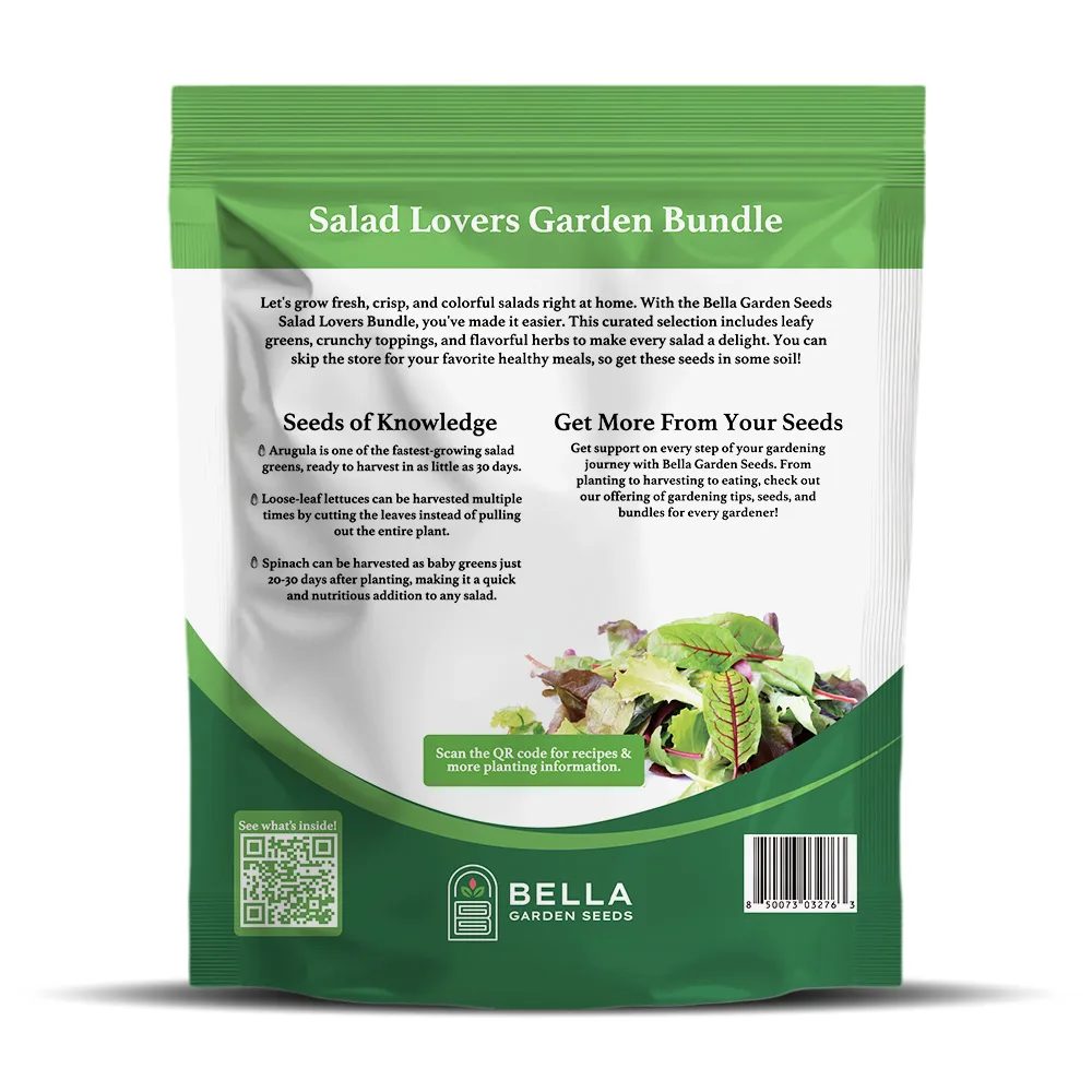 Salad Lovers Bundle packet back, full list of included varieties and growing guide