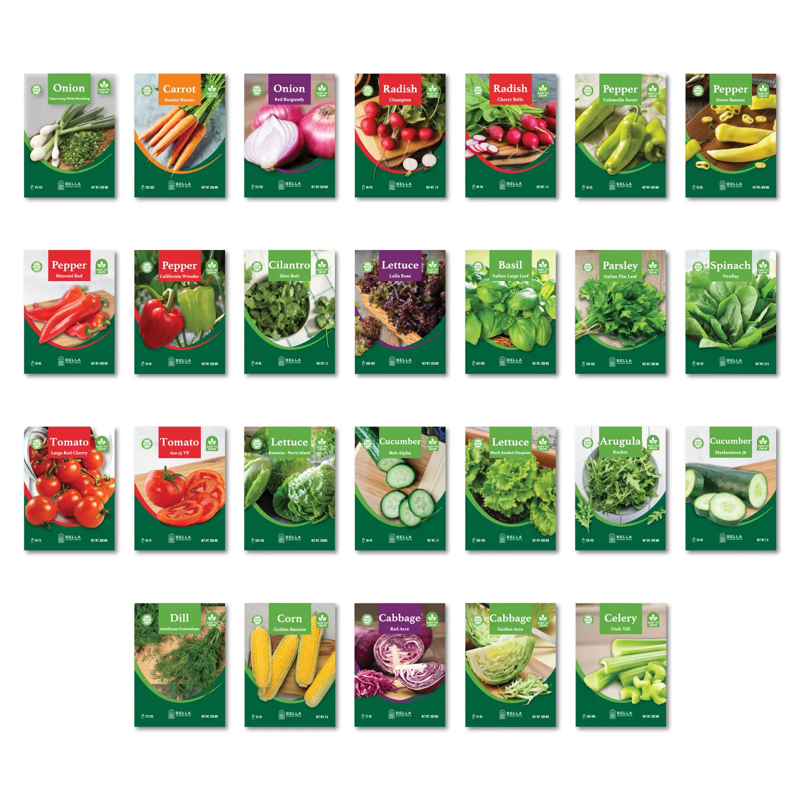 Salad Lovers Bundle contents, included seed packets and varieties pictured together