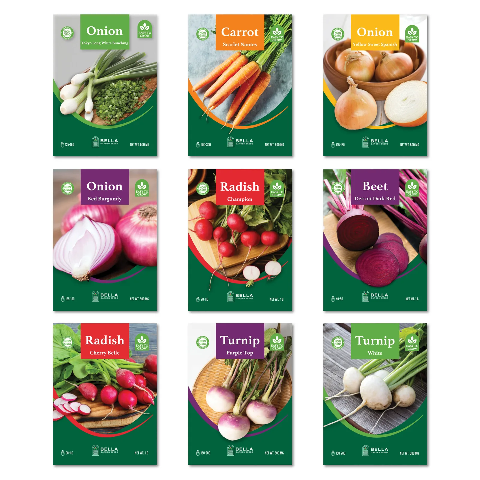 Root Crop Bundle contents, included seed packets and varieties pictured together