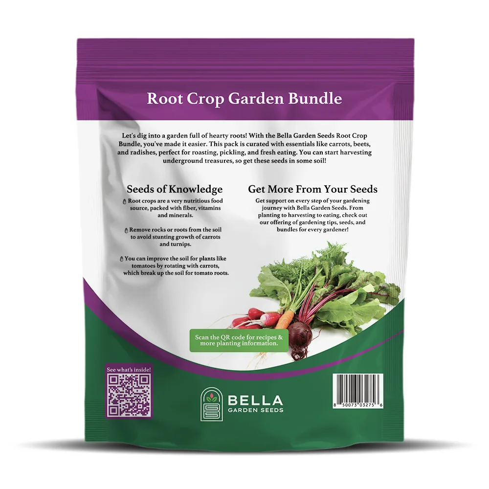 Root Crop Bundle packet back, full list of included varieties and growing guide