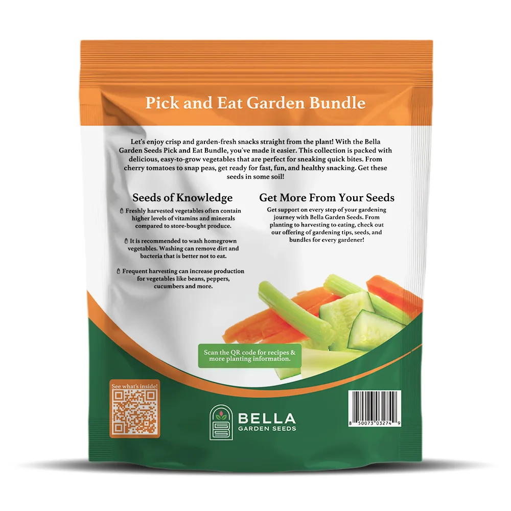 Pick and Eat Bundle packet back, full list of included varieties and growing guide