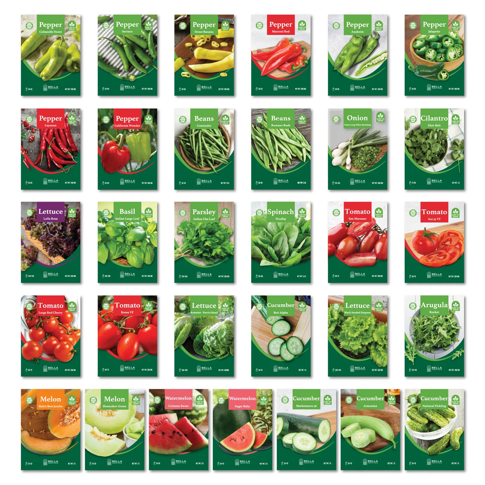 Pick and Eat Bundle contents, included seed packets and varieties pictured together