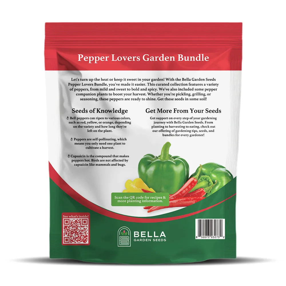 Pepper Lovers Bundle packet back, full list of included varieties and growing guide