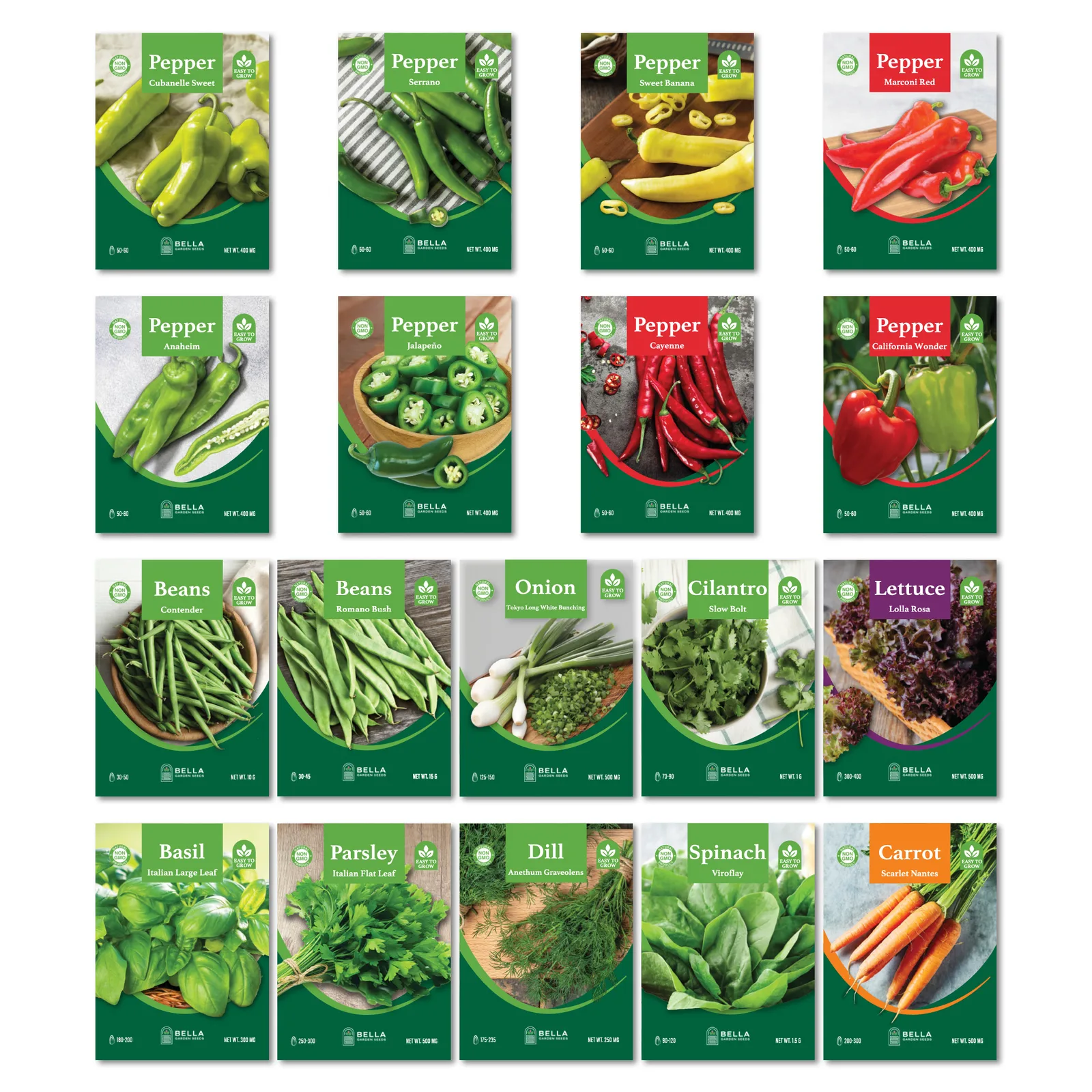 Pepper Lovers Bundle contents, included seed packets and varieties pictured together