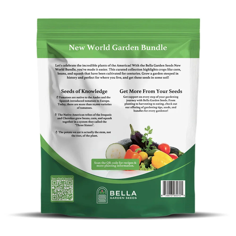 New World Bundle packet back, full list of included varieties and growing guide