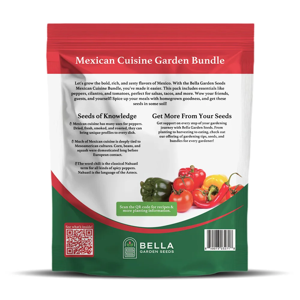 Mexican Cuisine Bundle packet back, full list of included varieties and growing guide