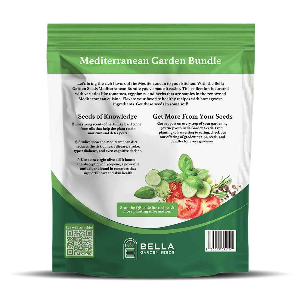 Mediterranean Cuisine Bundle packet back, full list of included varieties and growing guide