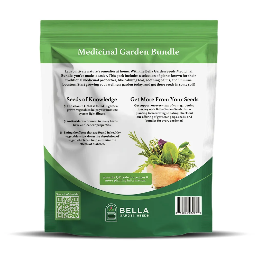 Medicinal Bundle packet back, full list of included varieties and growing guide