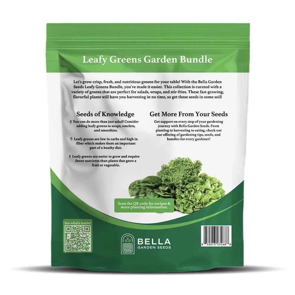 Leafy Greens Bundle packet back, full list of included varieties and growing guide