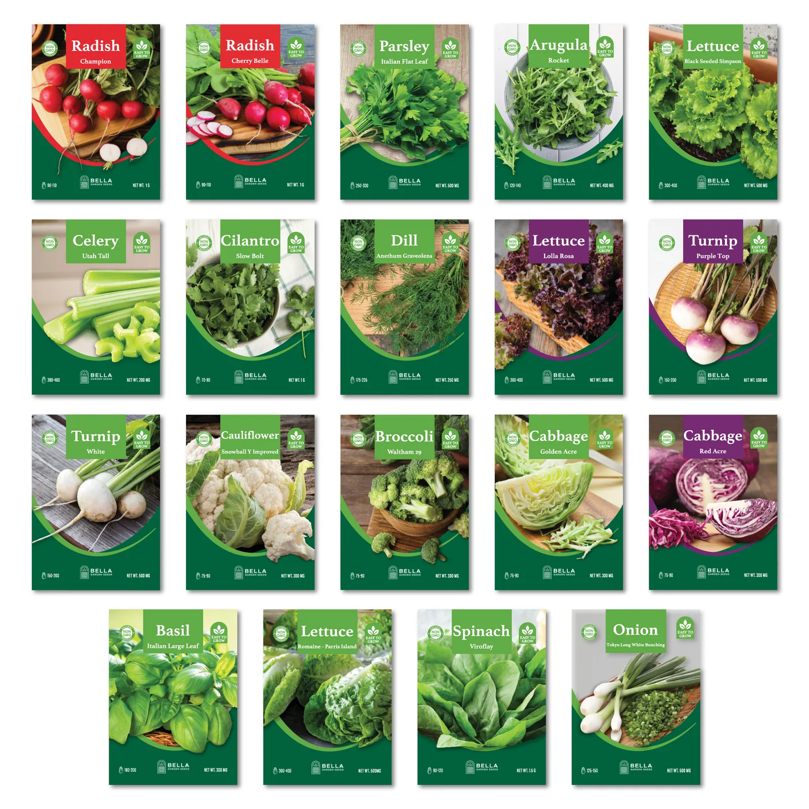 Leafy Greens Bundle contents, included seed packets and varieties pictured together