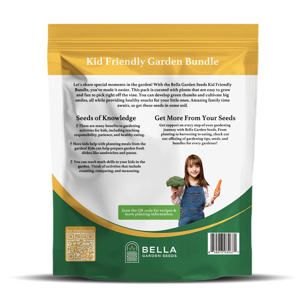 Kid Friendly Bundle packet back, full list of included varieties and growing guide